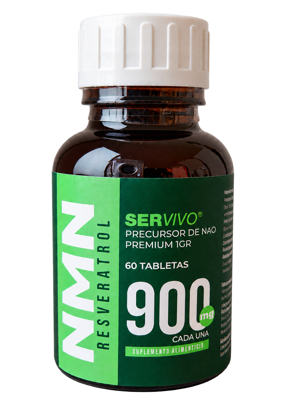 Frasco real de NMN con Resveratrol Ser Vivo sobre fondo transparente